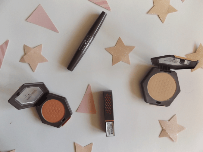 Mascara, blush, foundation powder, lipstick