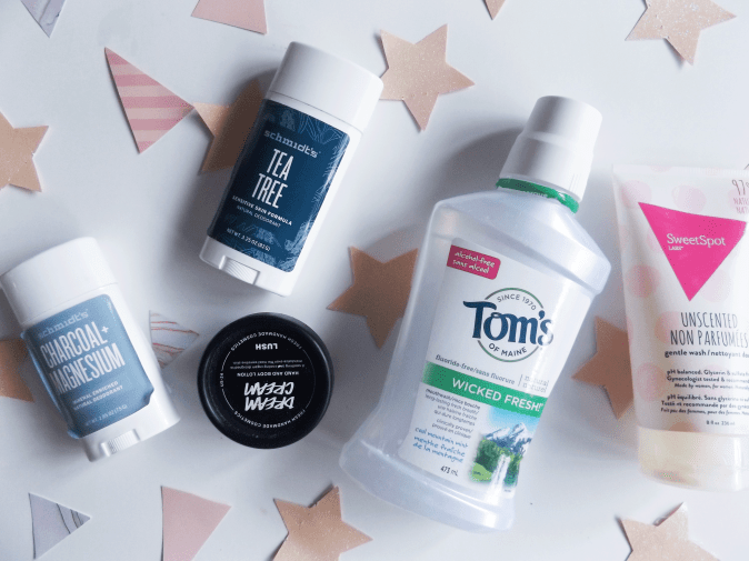 Schmidt's Deodorant, Tom's, SweetSpot cleanser, Lush Dream cream