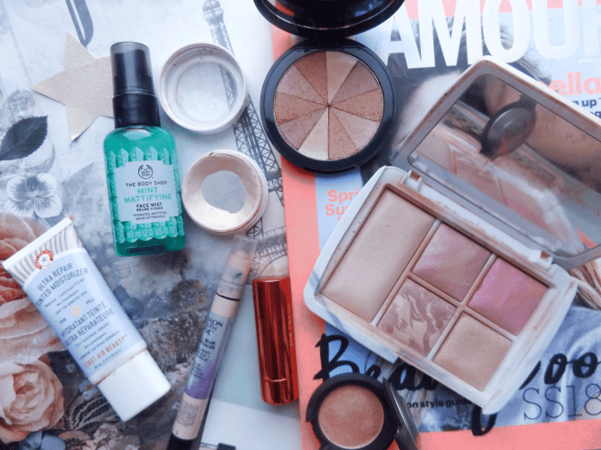 from left to right clockwise: FAB Tinted moistuirzer, The body shop mint mattifying setting spray, Colourpop Lunch Money, Soap and Glory Wonderbronze, Hourglass ambient Lighting Edit, Becca Champagne pop, Joe Fresh Lip balm, Revlon Youth FX concealer