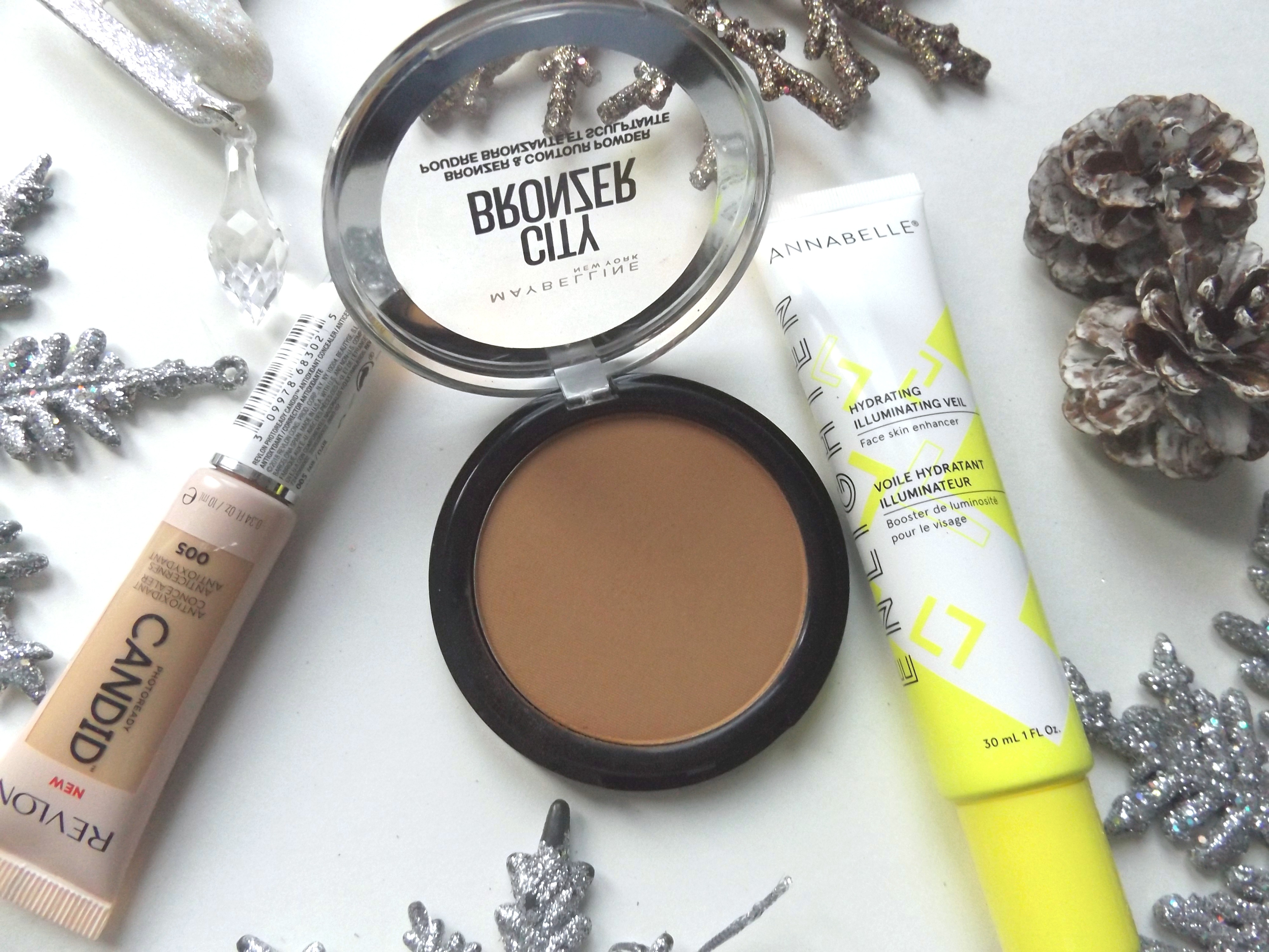 Revlon candid concealer, Maybelline bronzer package open, Annabelle Illuminating veil 