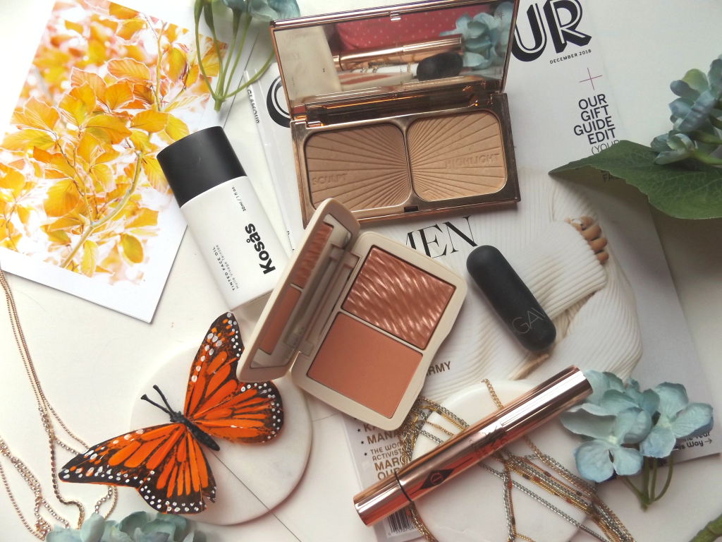 Clockwise: Kosas tinted face oil, Charlotte Tilbury Filmstar bronze and glow, Bite Beauty lip balm, Charlotte Tilbury Magic away concealer, Coverfx matte and shimmer blush duo 