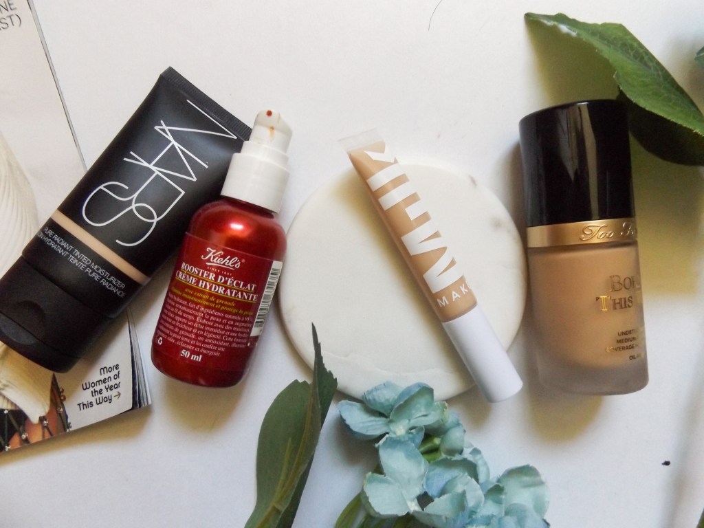 Left to right: NARS Tinted Moisturizer, Kiehl's glow skin hydrator, Milk flex concealer, Too Faced Born this way, 