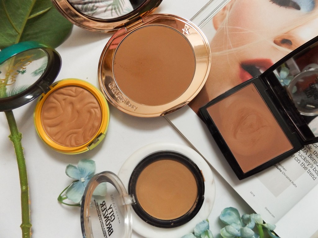 Clockwise: Physicians formula Sunkissed, Charlotte Tilbury Medium, Anastasia Beverly Hills Tawny, Maybelline medium 